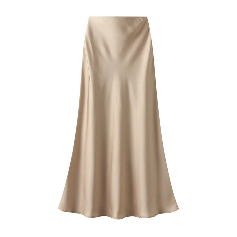 

High Waisted A-line Skirt For Women Satin Silk Solid Elegant Skirts Office Lady Elastic Waist Women's Long Skirt 2024 Summer