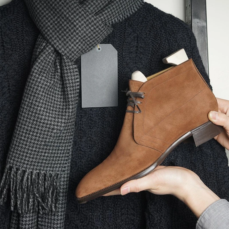 Botines de ante marrón para hombre, botas de punta cuadrada con cordones y correa en el tobillo, aterciopeladas, color café, envío gratis| - AliExpress