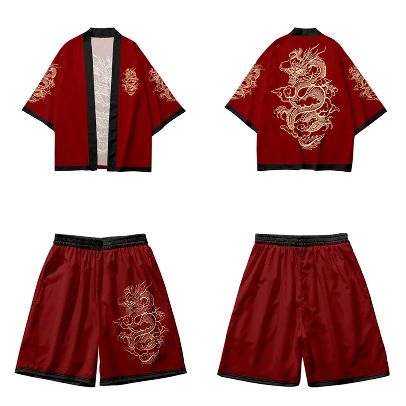 Kanagawa Wave Dragon Print Kimono Shorts Sets Two-piece Suit Yukata Japanese Cardigan Women Men Harajuku Cosplay Loose Haori