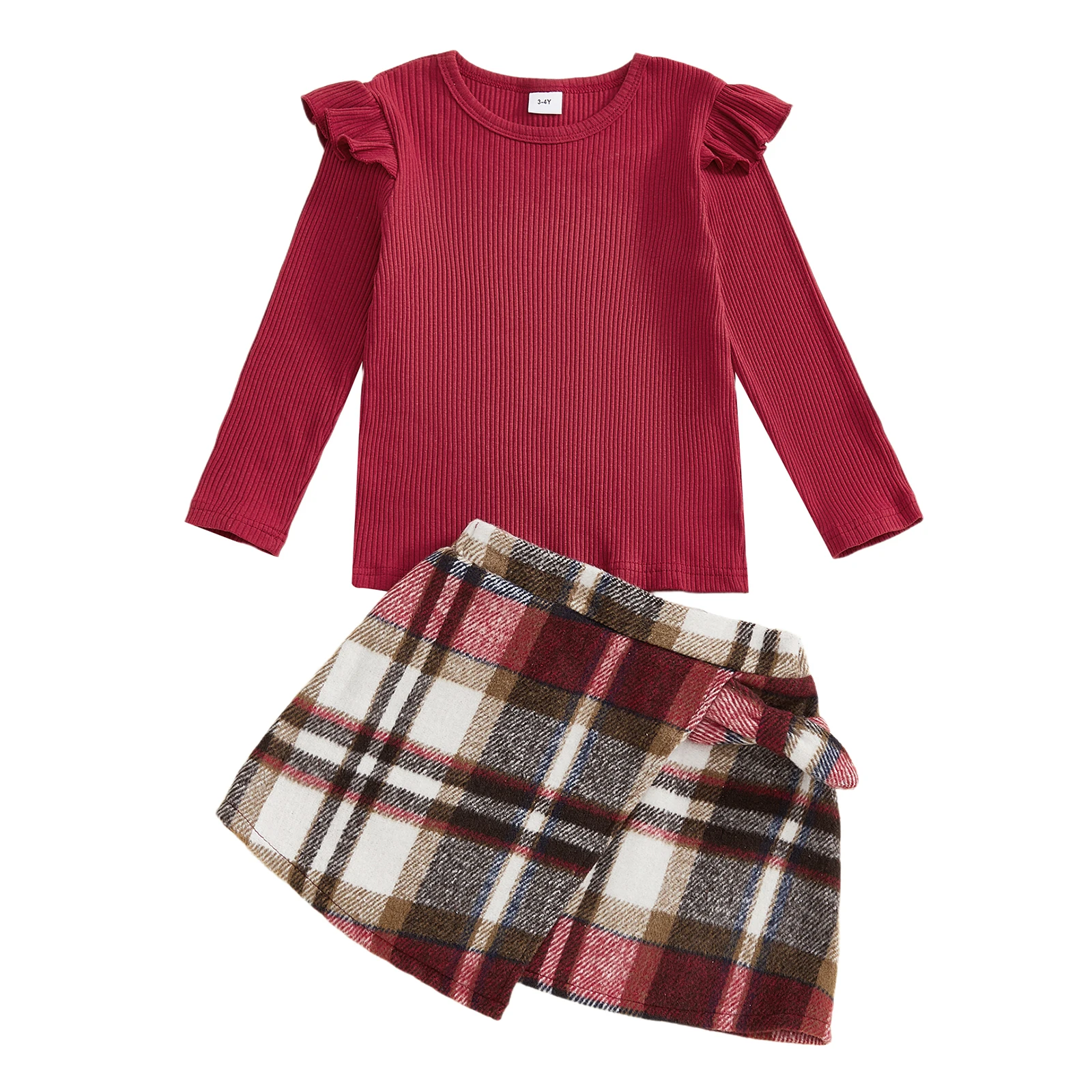 Adorable Baby Girls 2-Piece Spring Ensemble with Ruffled Sleeves and Plaid Skirt - Cute Toddler Outfit for Spring