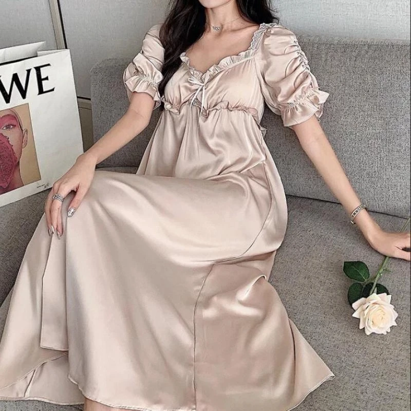 Satin Long Nightgown Women Sweet Lovely French Sleepwear Retro Silk Short  Sleeve Sleepshirt Ladies Fashion Nightdress Home Dress - AliExpress