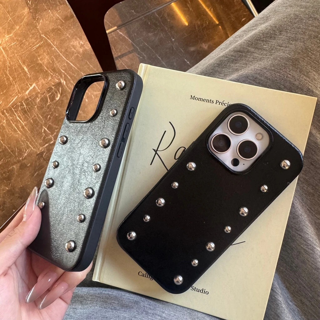 Advanced Black Leather Shock Proof Phone Cover with Stereoscopic Metal Rivets and Round Bead Design