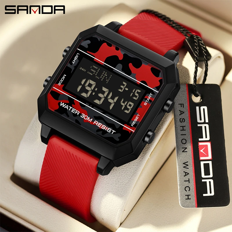 SANDA Watch Square Electronic Watch Multi functional Waterproof Alarm Clock Night Glow Electronic Watch Student Fashion Sports
