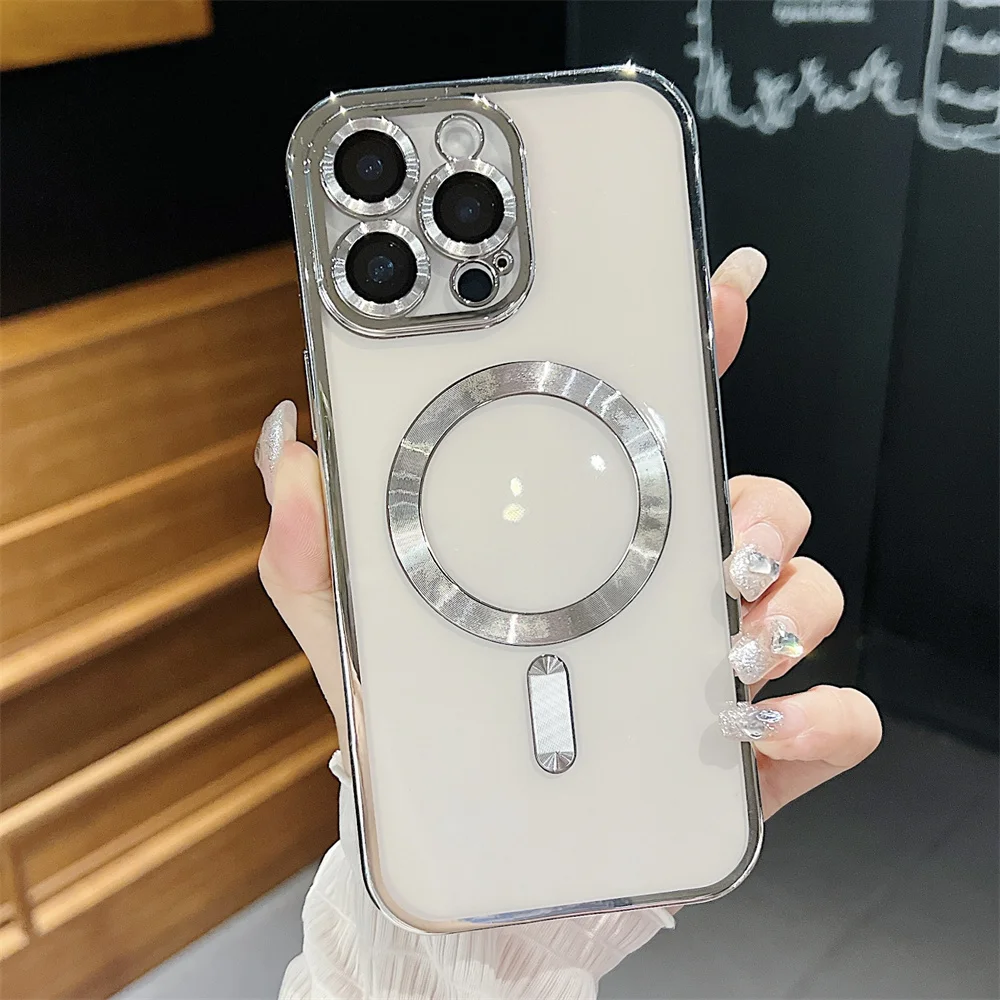 Pour étui transparent Magsafe pour iPhone 11 12 13 14 15 16 Pro Max Plus 12 13 Mini avec film d'objectif en verre, coque souple antichoc_voghion.com