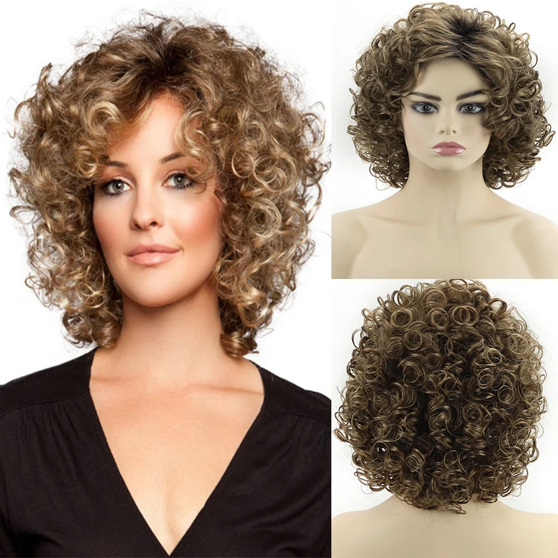 

Women's Fashion Afro Kinky Curly Bob Synthetic Hair Natural Brown Glueless Deep Wave Fancy Dress Party Wigs for Mommy