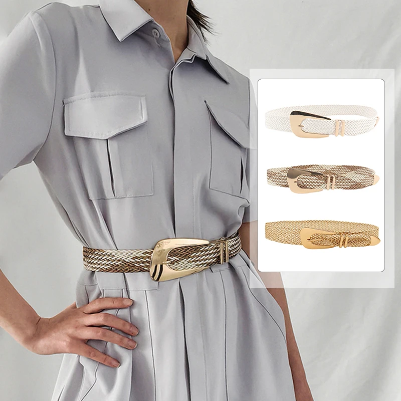 

Straw Weave Braid Belt For Women Dress Irregular Gold Buckle Waist Belt Dress Shirt Decorative Waistband Women Belt Cummerbands