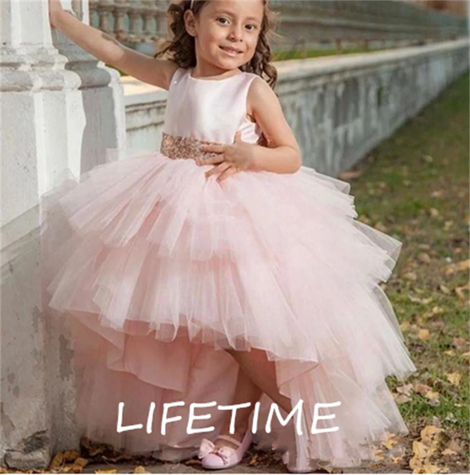 

Cute Pink Puffy Flower Girl Dress for Wedding Layers Tulle Sequined Big Bow Princess Pageant Birthday Party Gown