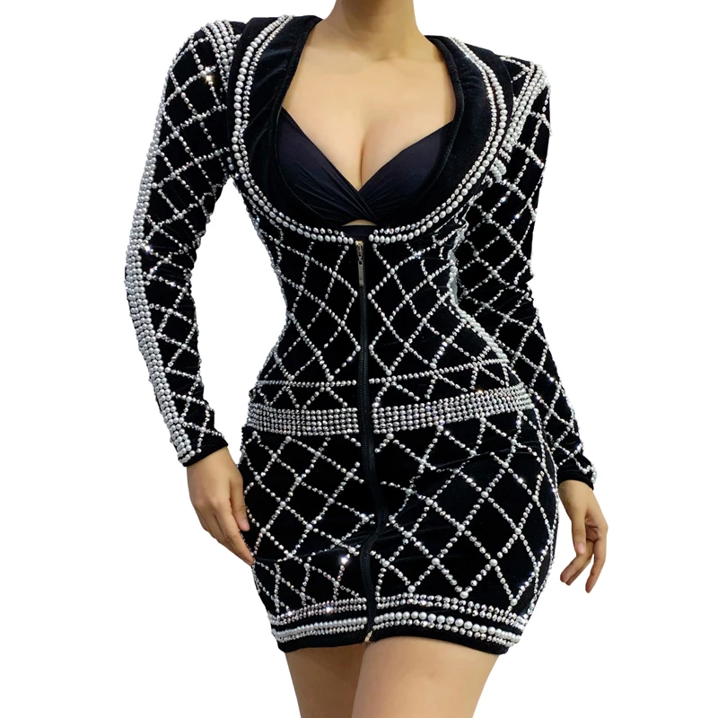 

Silver Rhinestones Dress Women Long Sleeved Party Celebrate Dress Evening Dresses Stage Gogo Costume Festival Outfit XS6636