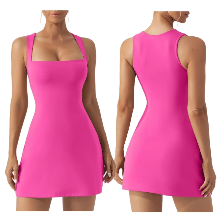 Summer Women Sexy Sleeveless Halter Slim Dress Skirt Solid Color Tennis Skirt Golf Run Sports Exercise