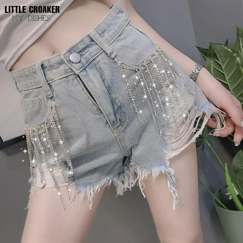 Newest Women Beaded Denim Shorts High Waist Fashion Cowboy Shorts Street Punk Style Skinny Female Rhinestone Tassel Jeans Shorts