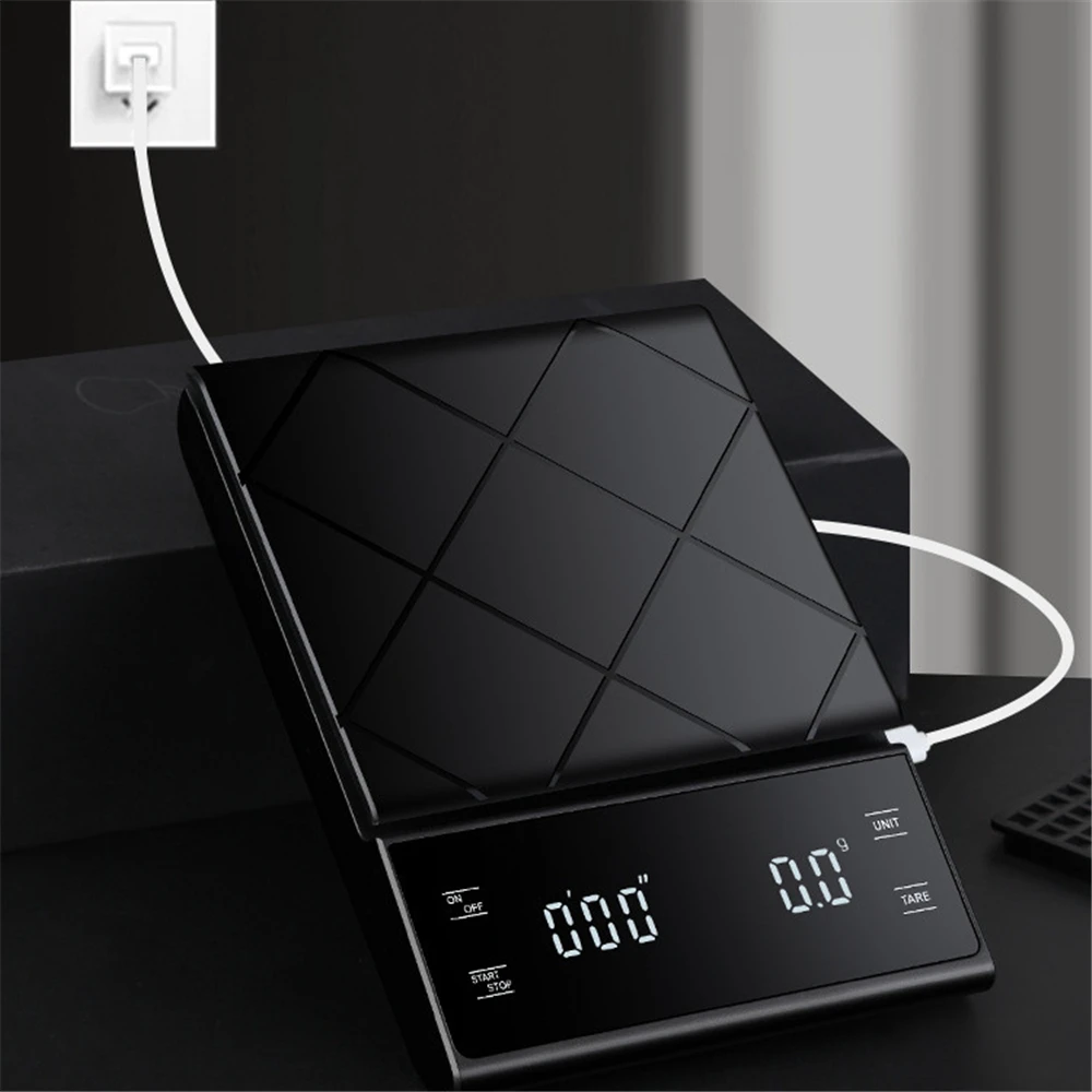 USB Charge Coffee Scale Digital Electronic Scale Smart Kitchen Scale Precision Food Scale Waterproof Scale with Timer 3KG/0.1g