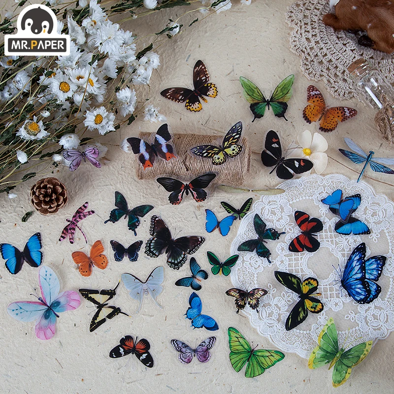 Mr.paper 8 Designs 40Pcs/lot Butterfly Deco Stickers Scrapbooking Toy Plants Deco Album DIY Stationery Stickers