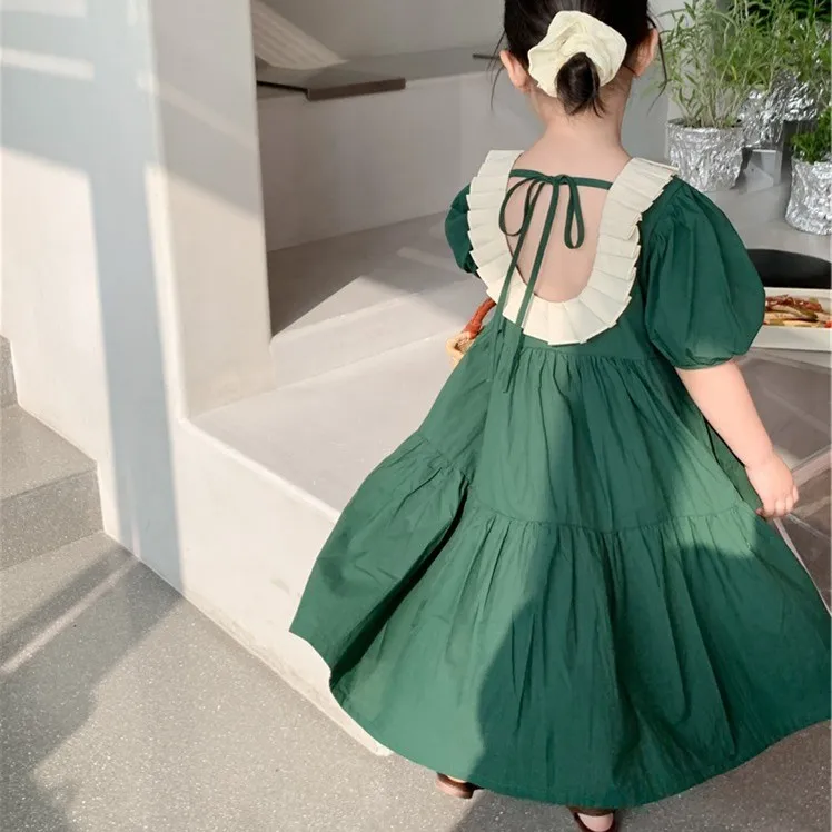 

Summer Girls Vintage Green Dress Children Cotton Dress Ruffles Bow Short Puff Sleeves Cute Dress Kids Dresses For Evening Party