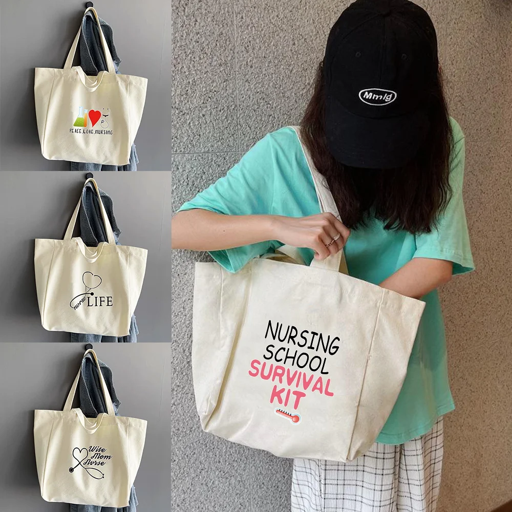

Foldable Canvas Outdoor Storage Shoulder Bag Portable Women High Capacity Hand-held Organizer Nurse Print Multifunctional Tote