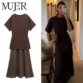 MUJER Pleated Knitted Long Dresses for Women Short Sleeve Maxi Dress Woman Vintage Party Womens Dresses Patchwork Women's Dress 1