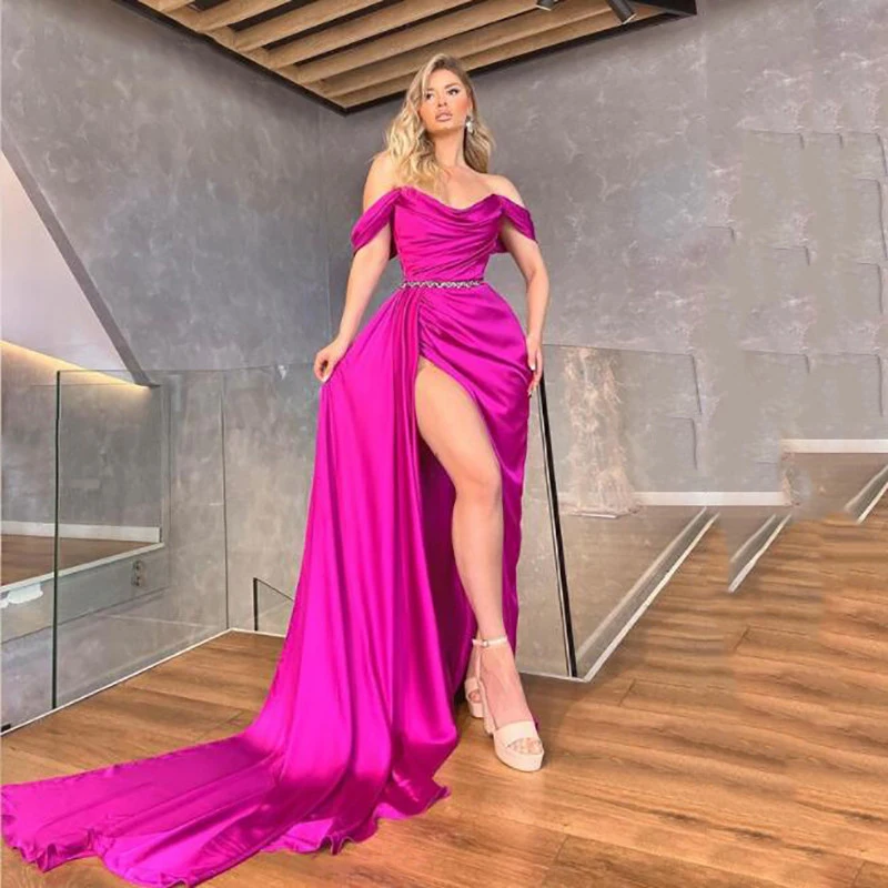 

Off-Shoulder Red Evening Gown Short Sleeves A-Line High Split Pleated Formal Party Dress Vintage Prom Dresses