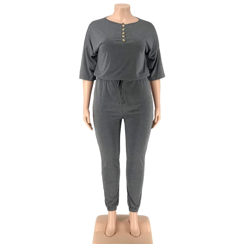 Plus Size Women Jumpsuit Summer Solid Button One Piece Outfit 2022 Sexy Fashion Pencil Pants Casual Lady Clothing Wholesale