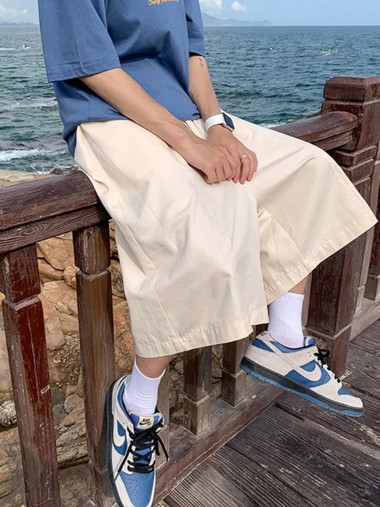 HOUZHOU Harajuku Korean Style Beige Wide Capri Pants Women Japanese Streetwear Oversize Cotton Black Trousers Summer Basic Sport