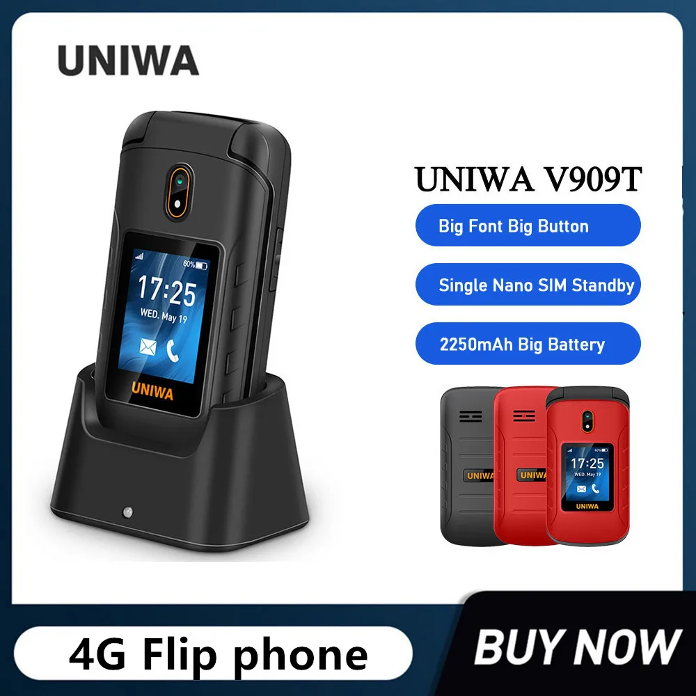 Uniwa V909T Global 4G Flip Phones Big Push-Button Dual Screen 0.3Mp Fotocamera 2250Mah Radio Fm Tastiera Ebraica Russa Telefono Cellulare
