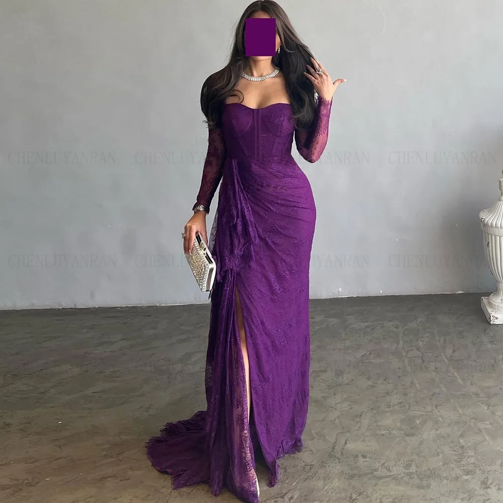 Purple Lace Formal Occasion Dresses 2025 Sweetheart Long Sleeves Ball Gowns Pleat Slit Sexy Evening Party Gown فساتين الحفلات 2