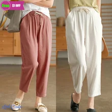 

100% Cotton Linen Retro Radish Pants Women's Summer 2022 New Harem Pants Loose Joker Casual Chinese Style Women Pants