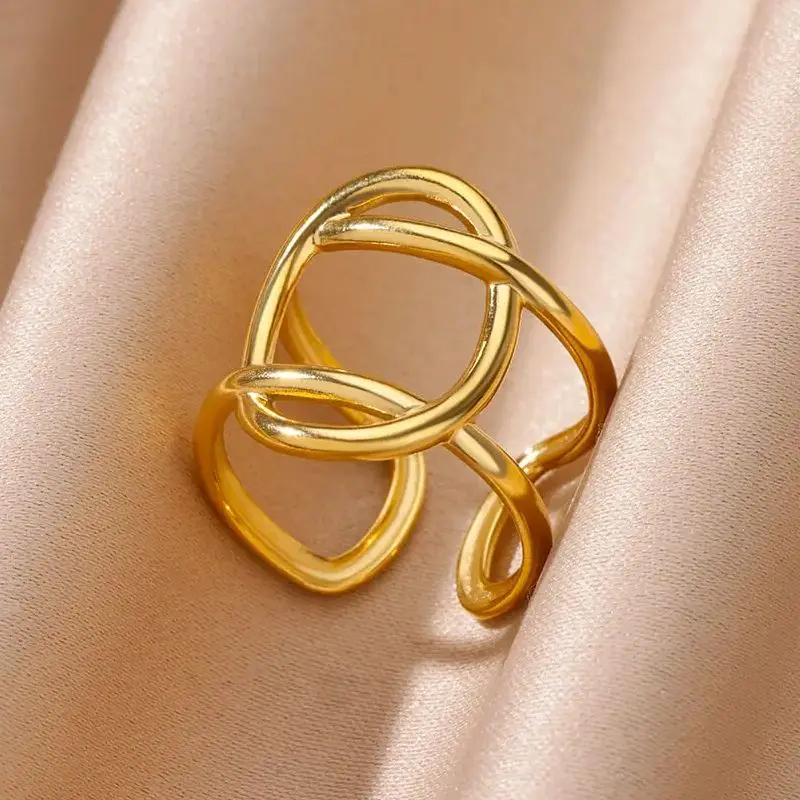 Geometric Double Layer Opening Rings for Women Gold Color Stainless Steel Wedding Adjustable Finger Ring Waterproof Jewelry Gift