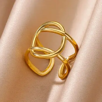 Geometric Double Layer Opening Rings for Women Gold Color Stainless Steel Wedding Adjustable Finger Ring Waterproof Jewelry Gift