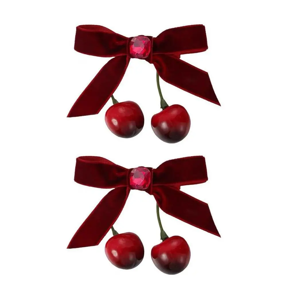 2PC Kirsche Rote Schleife Samt Textur Elegante Haarspange Modische Vielseitige Rand Haarnadel Süße Coole Kopfbedeckung Mädchen Haarschmuck – Detail 18