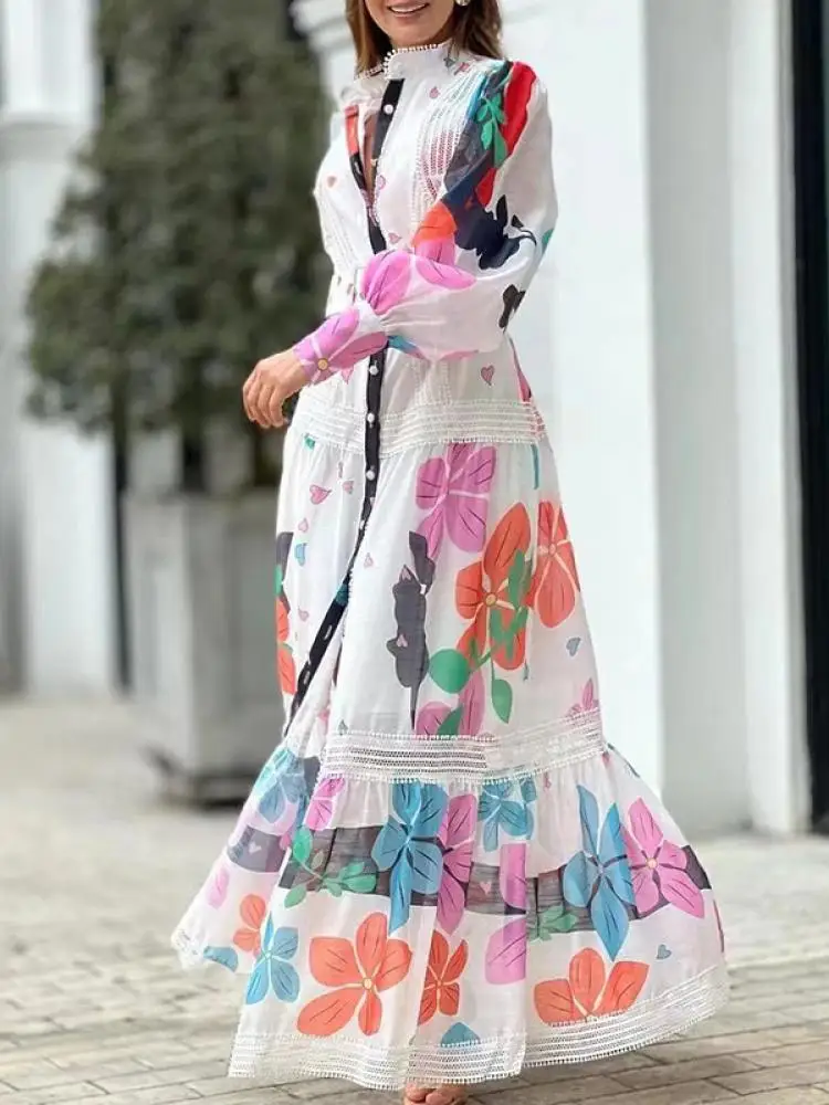 

Missuoo женское весенне-летнее модное платье с цветочным принтом кружевное лоскутное длинное платье с пышными рукавами ТРАПЕЦИЕВИДНОЕ Повседневное платье