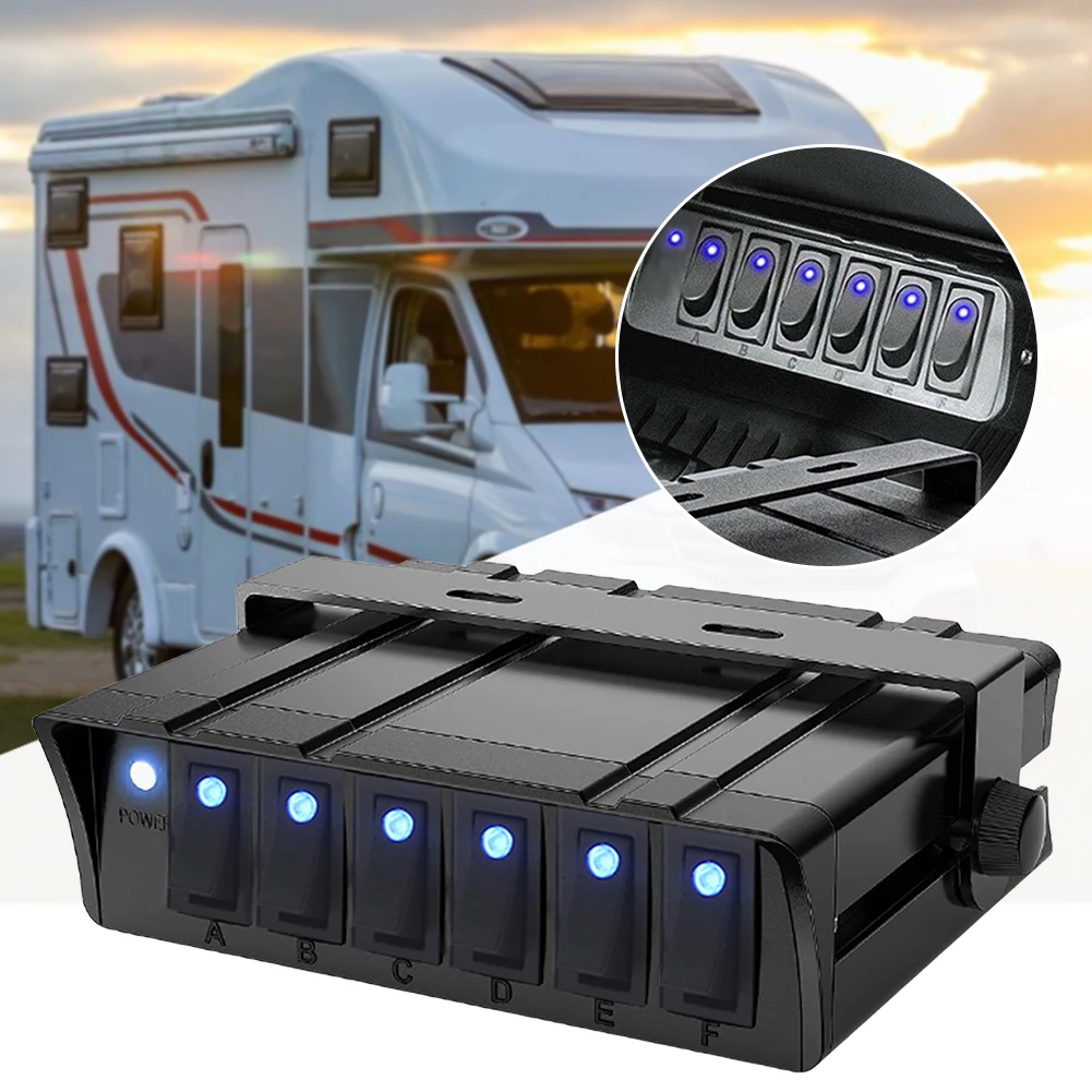 6 Gang Rocker Switch Panel - 30A Max, 12V-24V DC, Blue LED Backlit, Aluminum Box For Jeep, Truck, Boat, RV