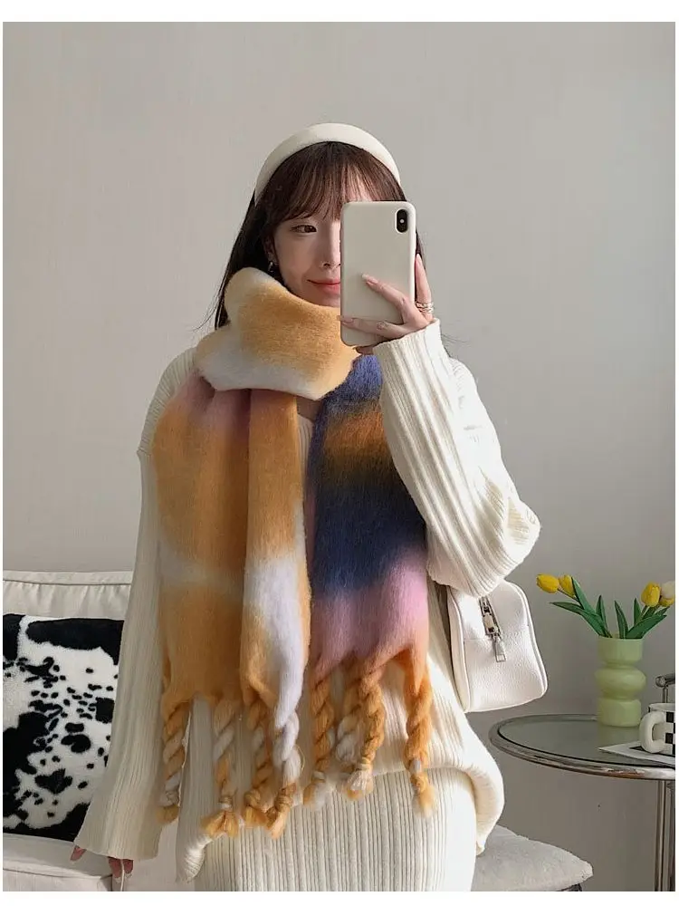 Printed Scarf Women Winter Korean Pashmina Shawls Sweet Girl Imitation Cashmere Scarf Knotted Tassel Shawl