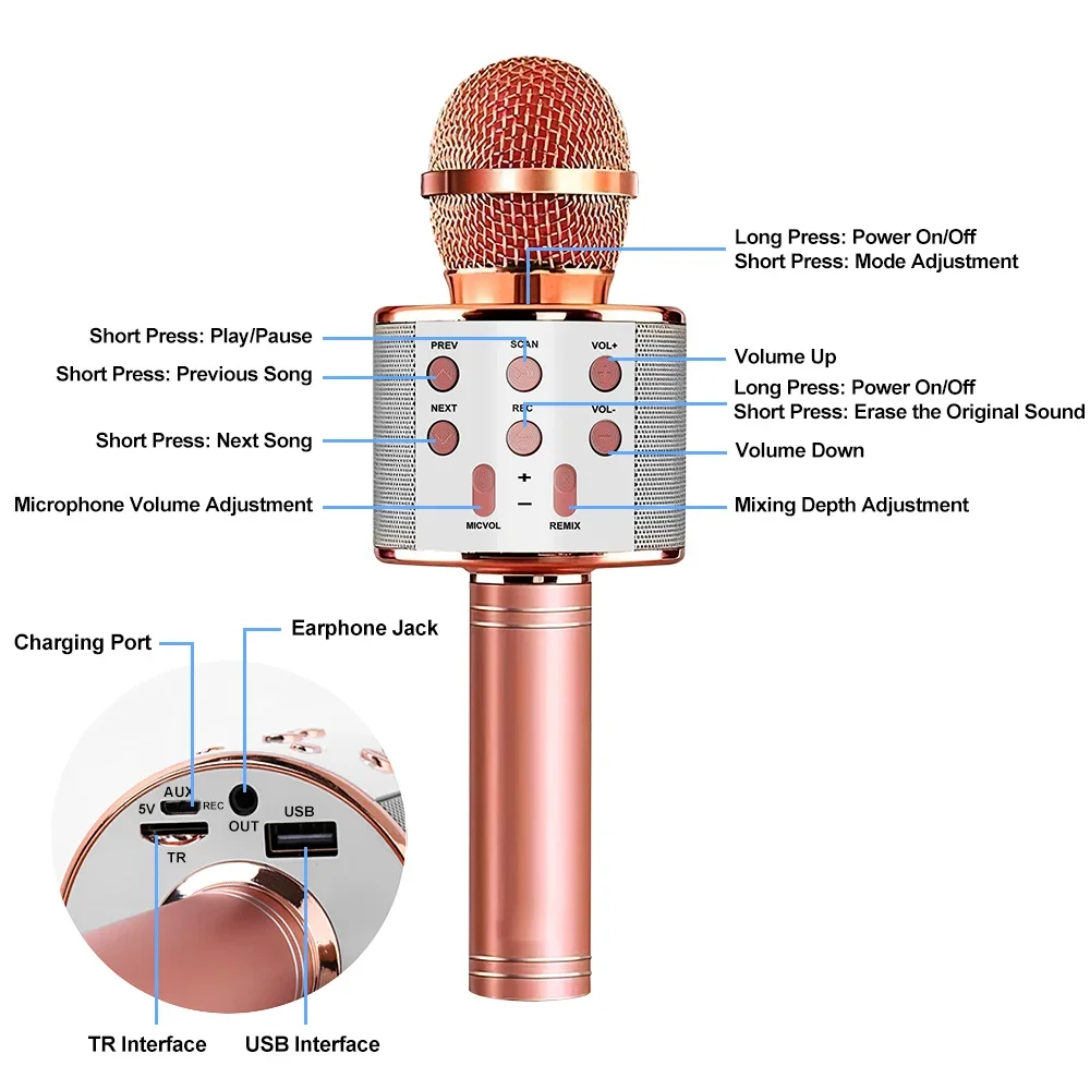 Wireless Bluetooth Karaoke Microphone Mic Speaker Machine Portable Handheld Karaoke Home Party Birthday for Smartphones PC
