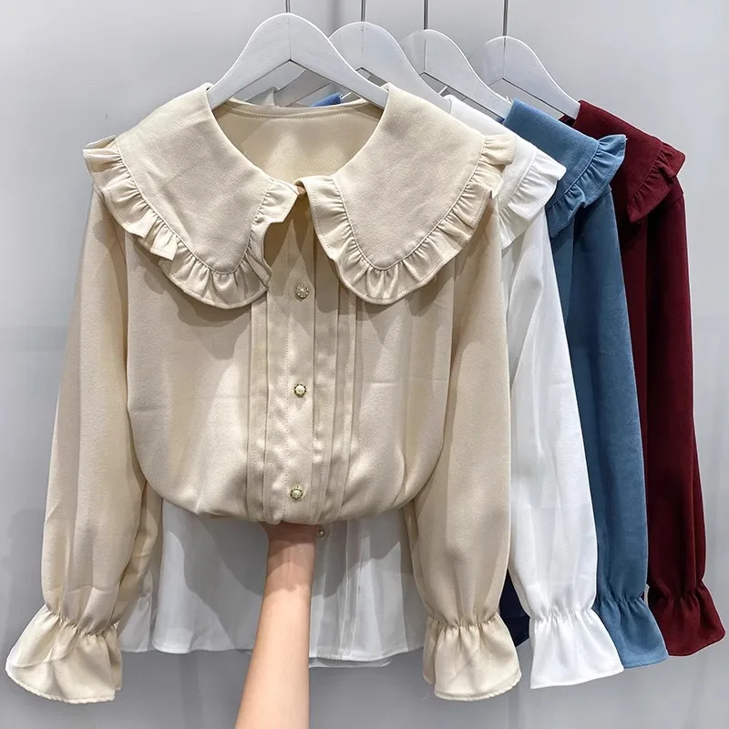 

Женская винтажная Вельветовая рубашка с рюшами, элегантная весенне-осенняя белая блузка с длинными рукавами-фонариками и жемчужными пуговицами, корейский Повседневный Свободный Топ