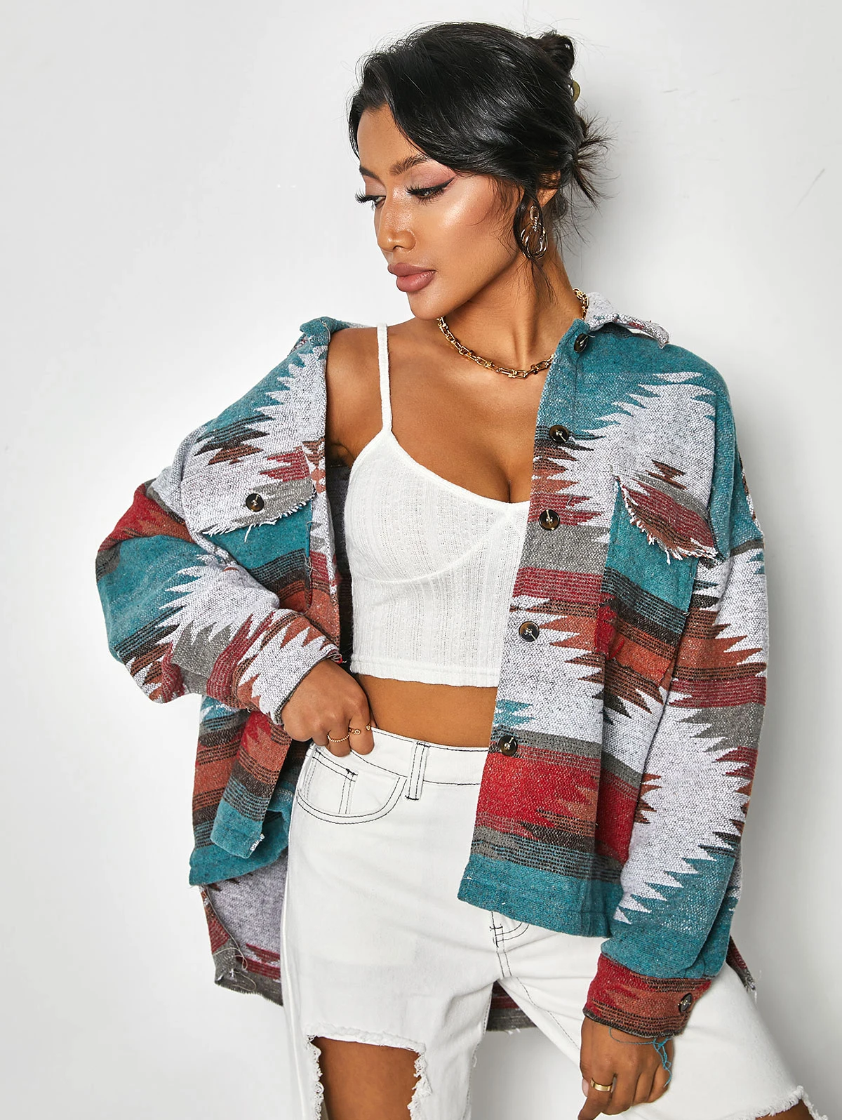 ZAFUL Ethnic Aztec Print Flap Pockets Button Up Shirt Jacket Women Wool Blend Shacket Oversized Drop Shoulder Outwear Y2K Coat