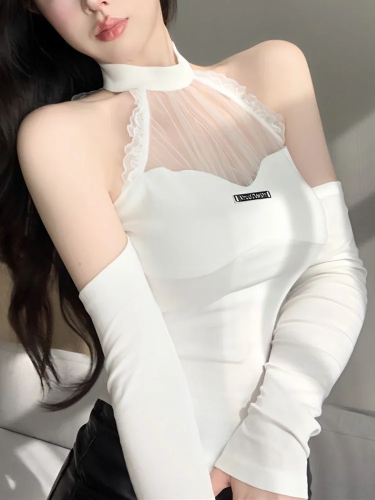 

White Backless Korean Fashion Tops Women Lace Vintage Designer Slim Blouse Female Hang Neck Elegant Casual Blouse 2023 Autumn