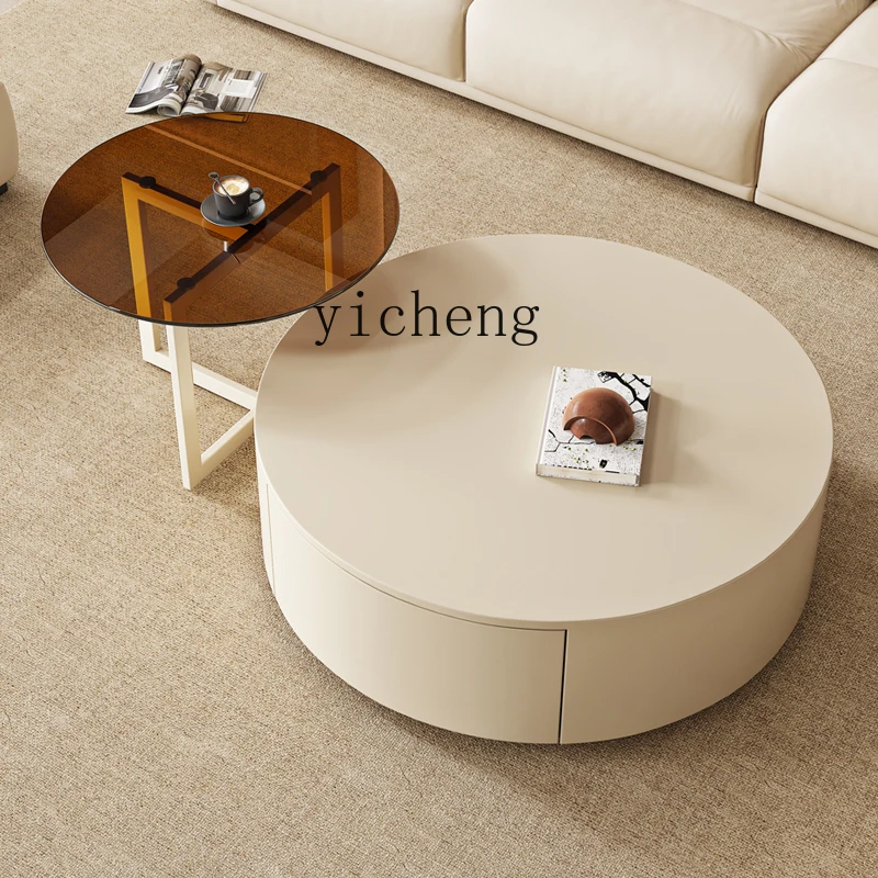 

ZK Cream Silent Style round Tea Table Small Apartment Living Room Light Luxury Combination round Coffee Table