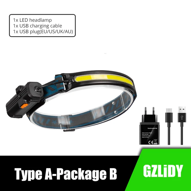 IR Sensor LED Headlamp Powerful XPG+COB Headlight 2000mAh 18650 USB Head Lamp Portable Floodlight Flashlight Waterproof Lantern Type A-Package B