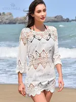 2025 Sexy Hollow Out Lace White Tunic Beach Dress Plus Size Bohemian Women Summer Beachwear Three Quarter Sleeve Mini Dress Q12