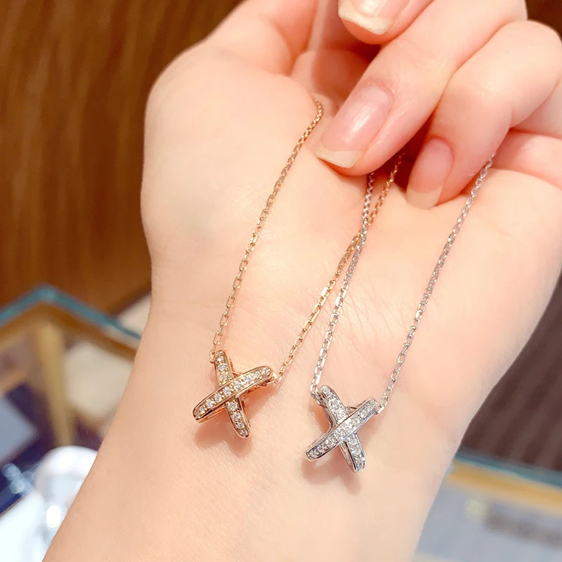 French luxury brand jewelry 925 Sterling Silver 18k rose gold full diamond  Cross X small Pendants Necklace JEUX DE LIENS HARMONY - AliExpress