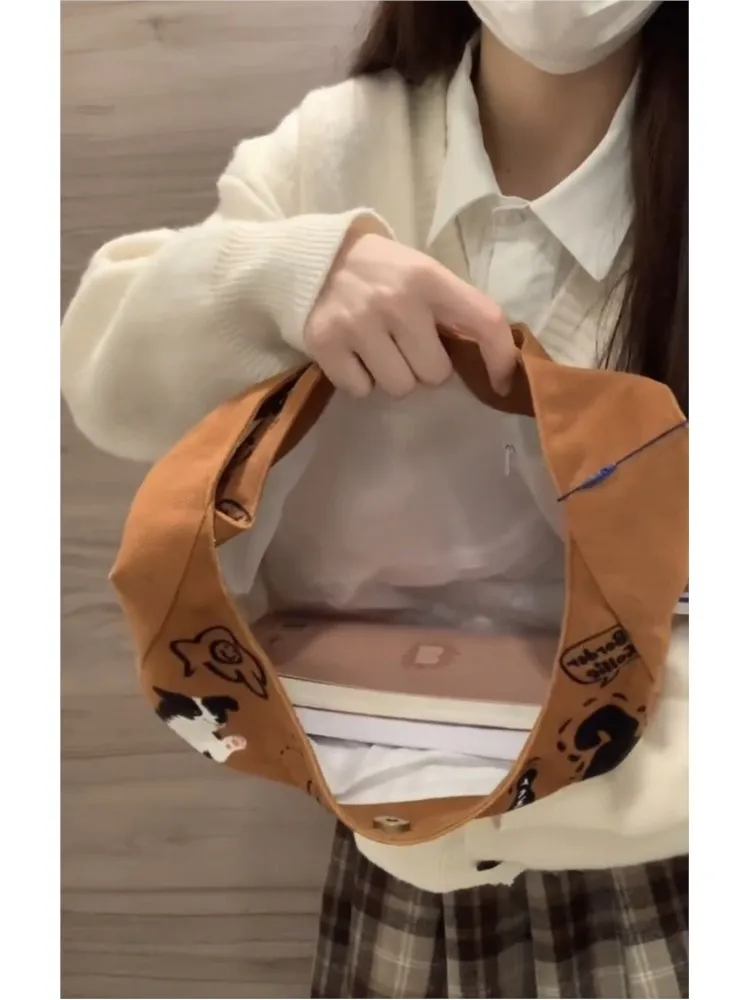 JIAERDI Harajuku Cat Print Handbag Women Hot Girls Large Capacity Brown Shoulder Bags Purse Ladies Vintage Y2k Messenger Bag New