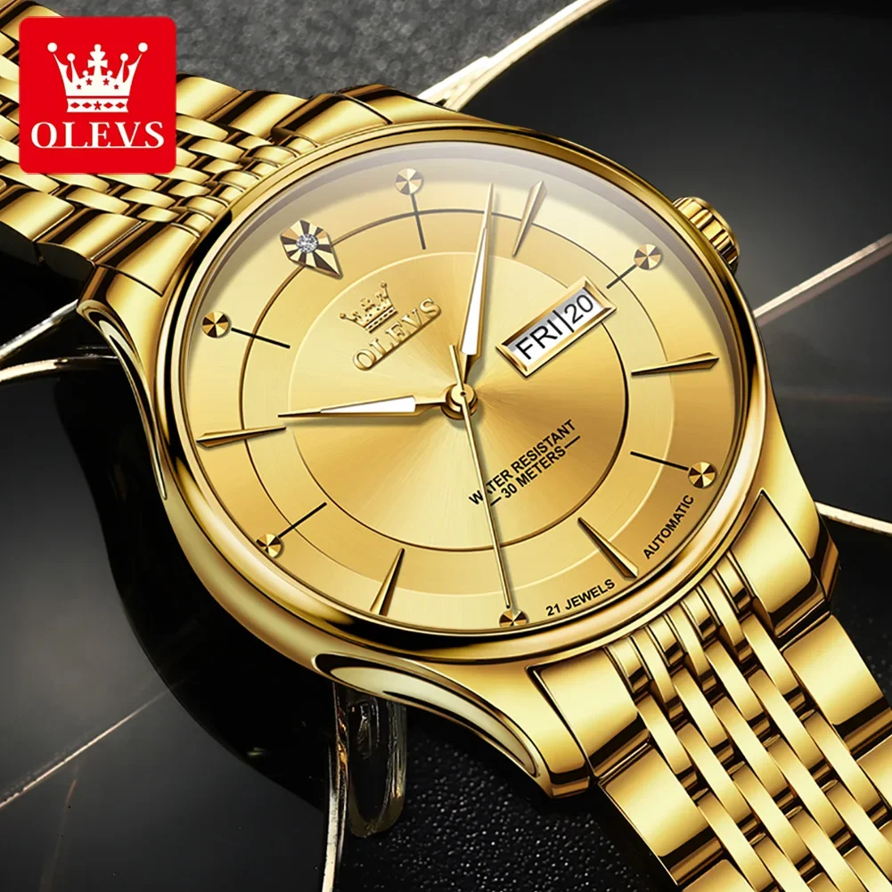 OLEVS 9927 Waterproof Men Wristwatches, Stainless Steel Strap Fashion Automatic Mechanical Watch For Men Calendar Week Display