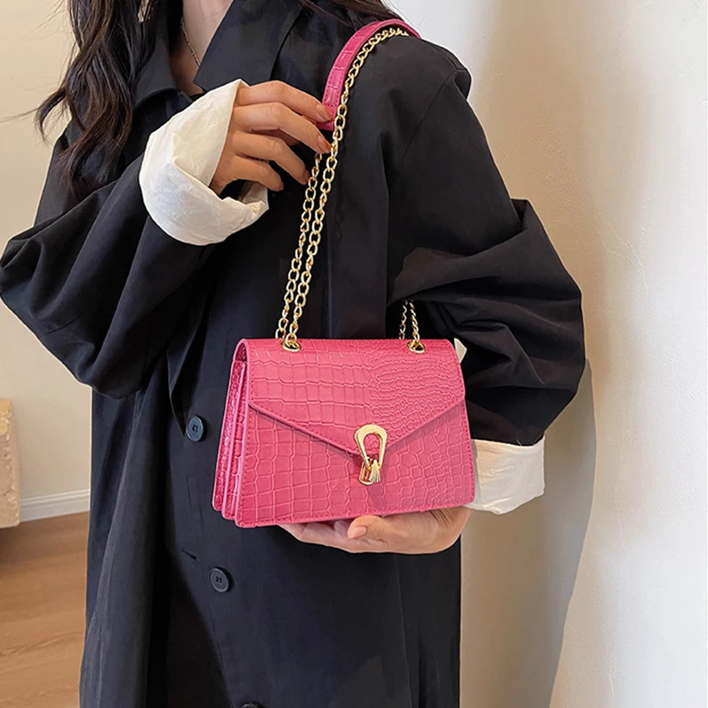 Crocodile Pattern PU Leather Shoulder Chain Bag Luxury Lock Design Crossbody Bag Fashion Trend Shoulder Messenger Bag