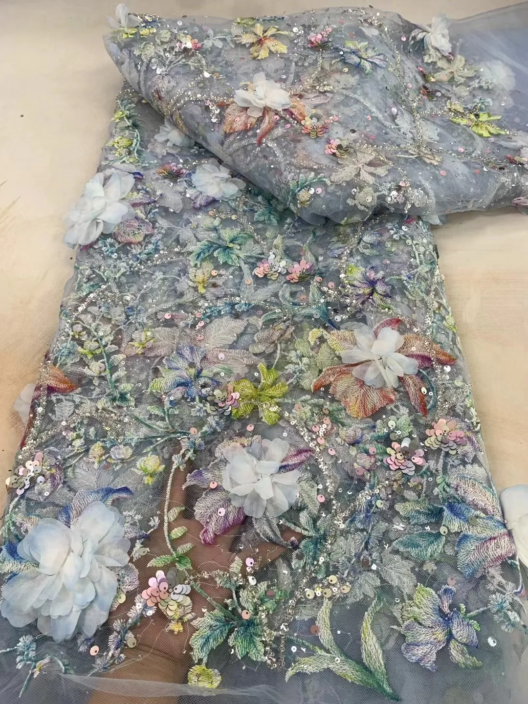 (5yards/pc) Gorgeous 3D flowers appliqued African wedding net lace high quality embroidered tulle lace with beads sequins FXZ309