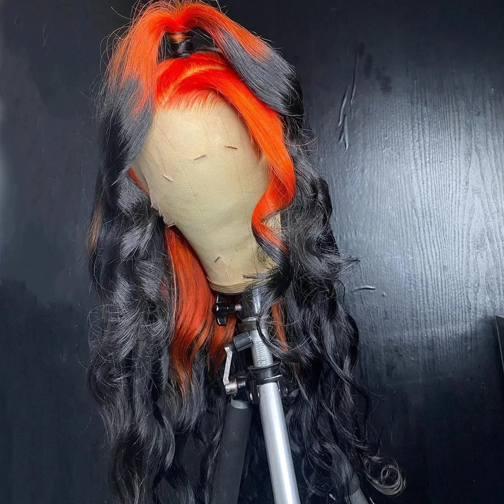 26 Inches Long Body Wave Synthetic Lace Front Wig Orange To Black Ombre For Women Frontal Wig Cosplay Charisma
