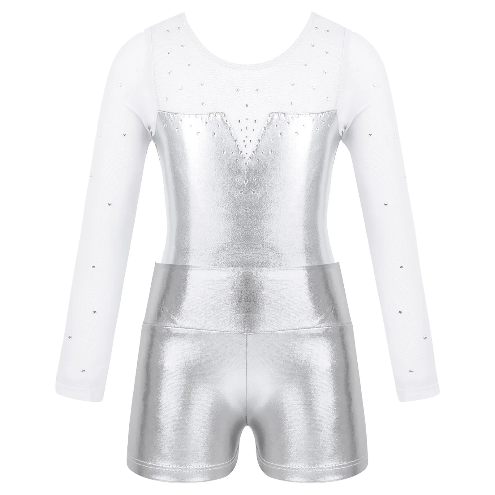 Children Dance Leotards Gymnastics Dancewear Sets Kids Metallic Long Sleeve Ballet Gymnastics Leotard with Shorts
