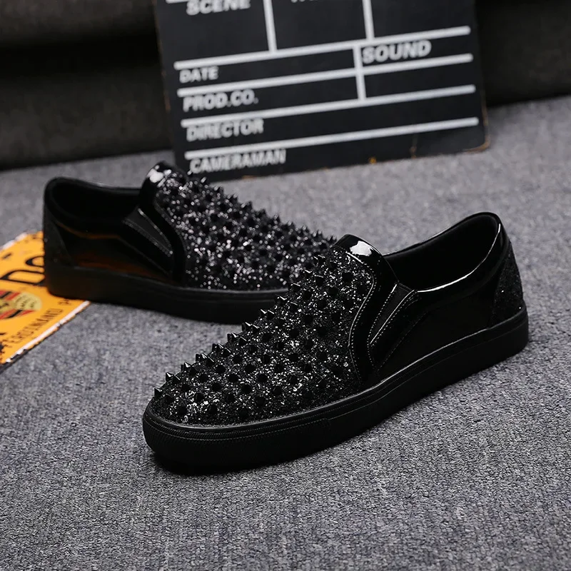 

Korean Style Men Casual Party Hip Hop Wear Genuine Leather Loafers Breathable Slip on Rivets Shoes Flat Platform Shoe Zapatos