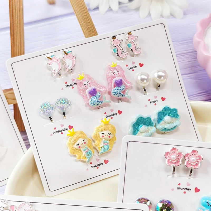 Cute Unicorn Mermaid Resin Earrings 7PRS/SET Ear Clips on Earrings for Girls No Piercing Kid Christmas Gift ear clip earrings clip earrings ear clip ear accessories