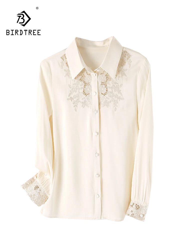 

Birdtree 91.8%Real Silk Hollow Out Lace Shirts Woman Elegant Long Sleeve Embroidery Fashion Blouses 2024 Spring New T41150QC