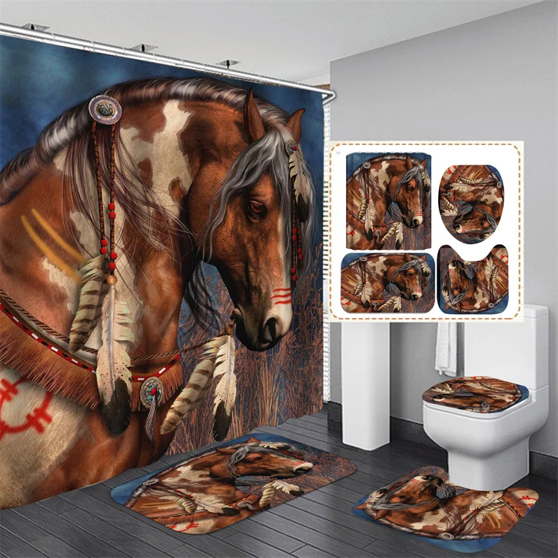 

Horse Printed Shower Curtain Set Waterproof Bathroom with Hooks Sets and Rugs Home Decor