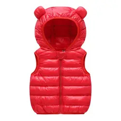 Cozy Kids' Hooded Down Vest with Adorable Ears - Winter Cotton Waistcoat Outerwear - 6-9M(Size 80) (Red)